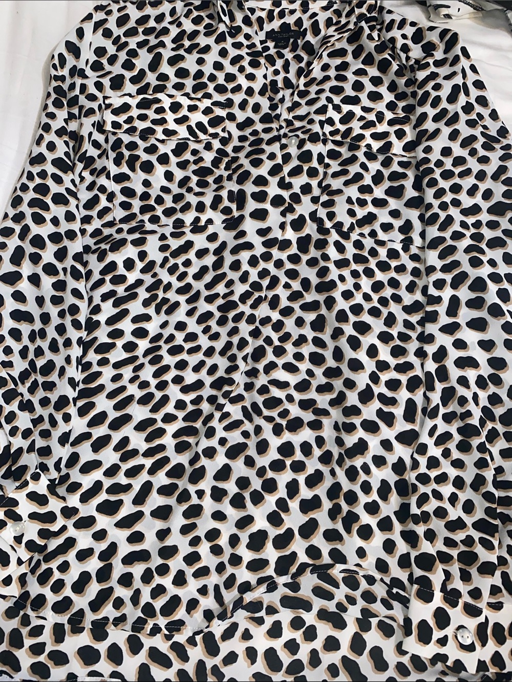 Animal Print Button-Up Blouse in Black, White & Tan